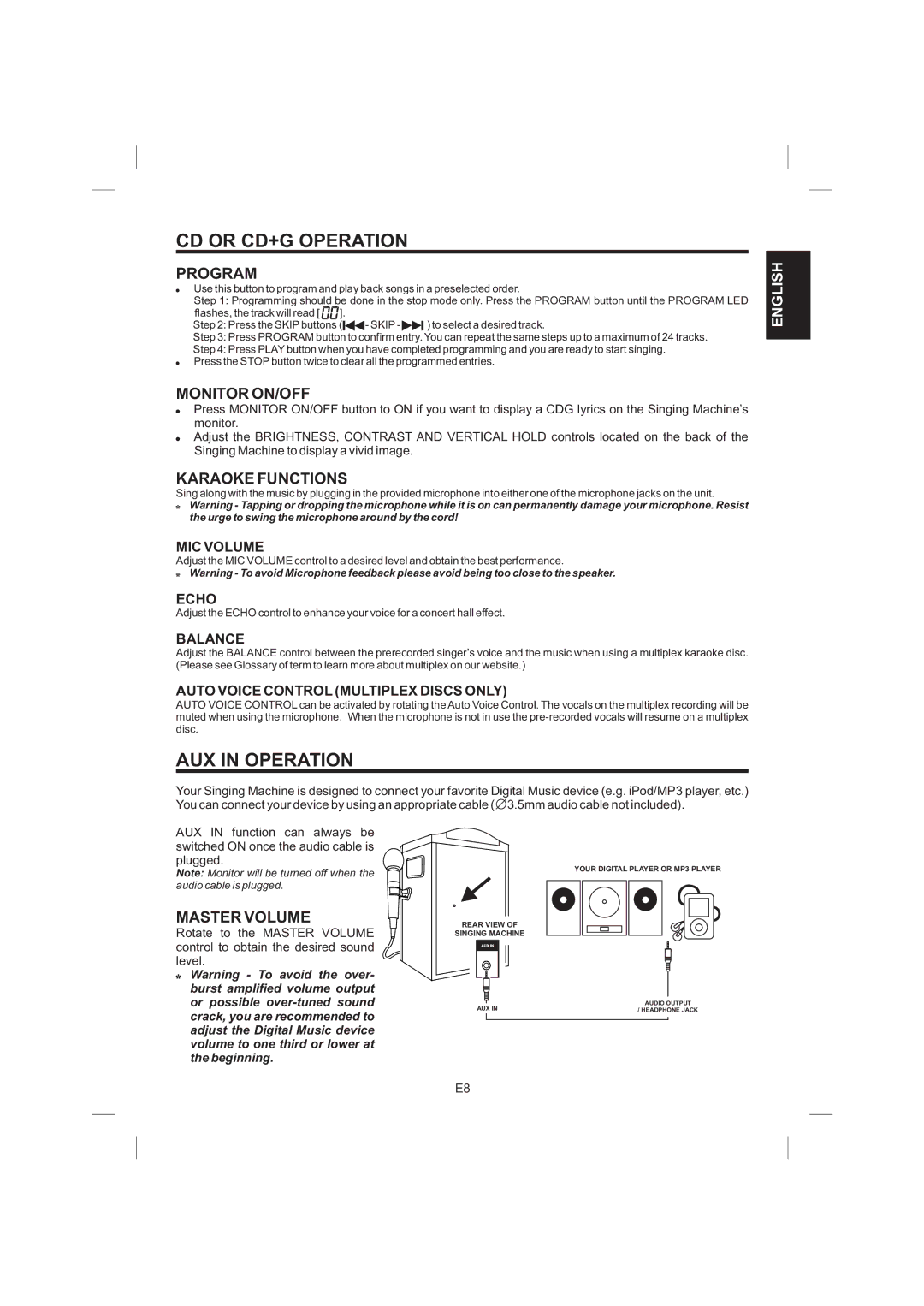 The Singing Machine STVG-559 manual AUX in Operation, Program, Monitor ON/OFF, Karaoke Functions 