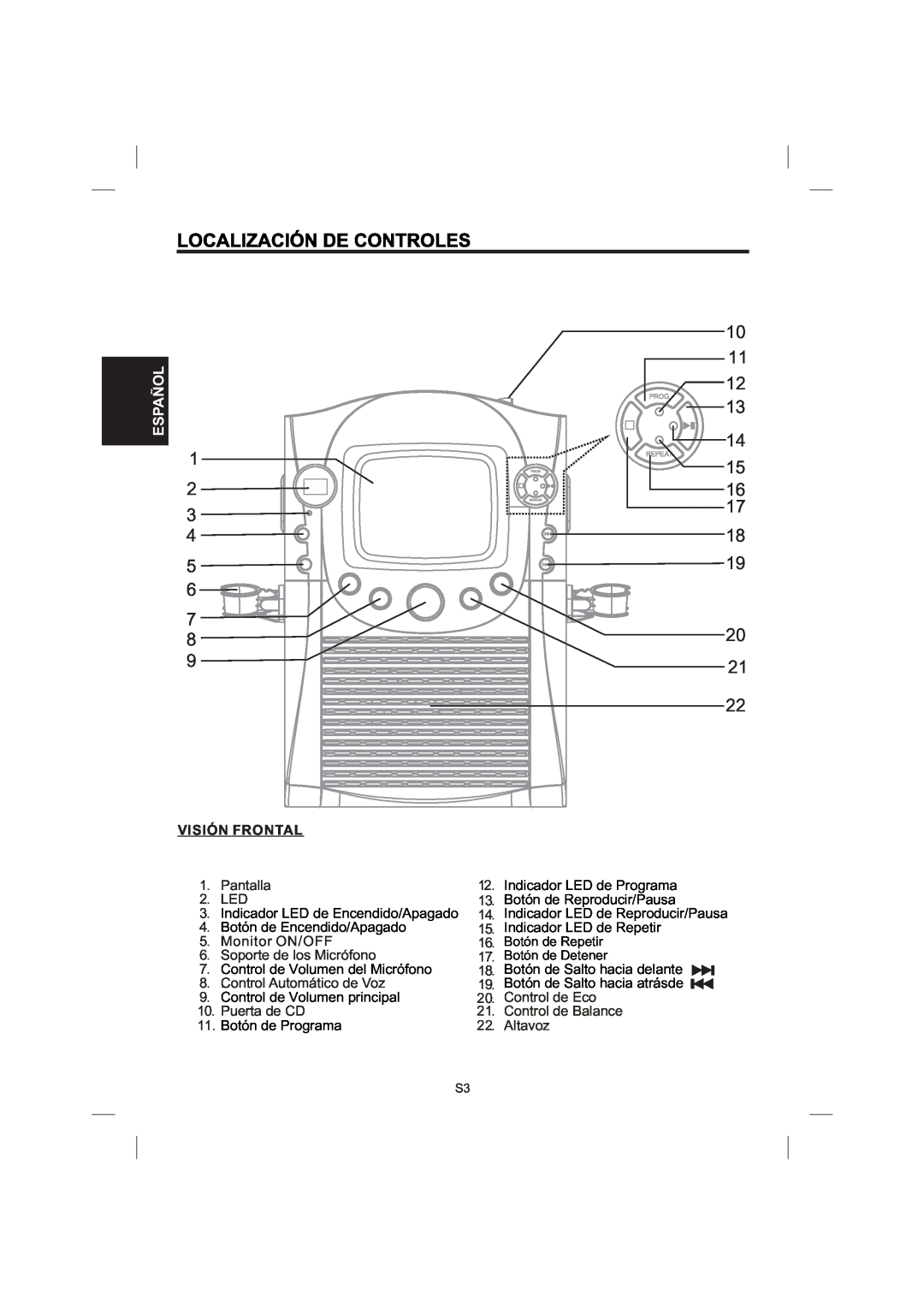 The Singing Machine STVG-559 manual Visión Frontal, Pantalla 2. LED, Control de Balance 22. Altavoz, Español, Puerta de CD 