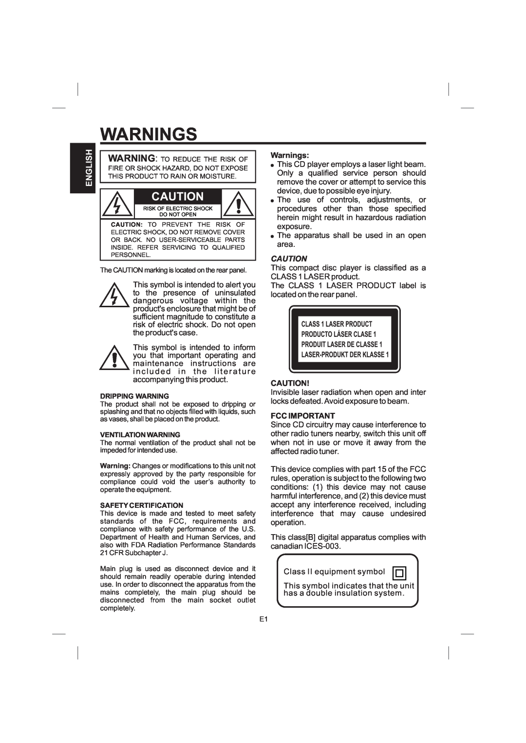 The Singing Machine STVG-559 manual Warnings, English, Fcc Important 