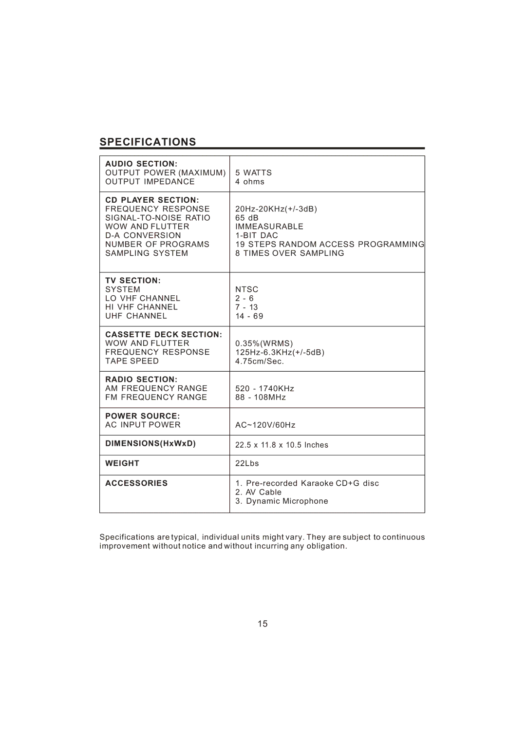 The Singing Machine STVG-700 manual Specifications 