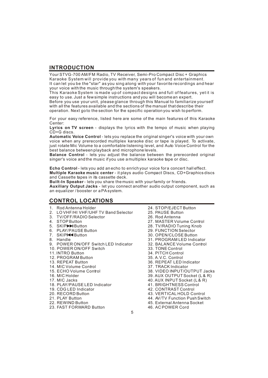 The Singing Machine STVG-700 manual Introduction, Control Locations 