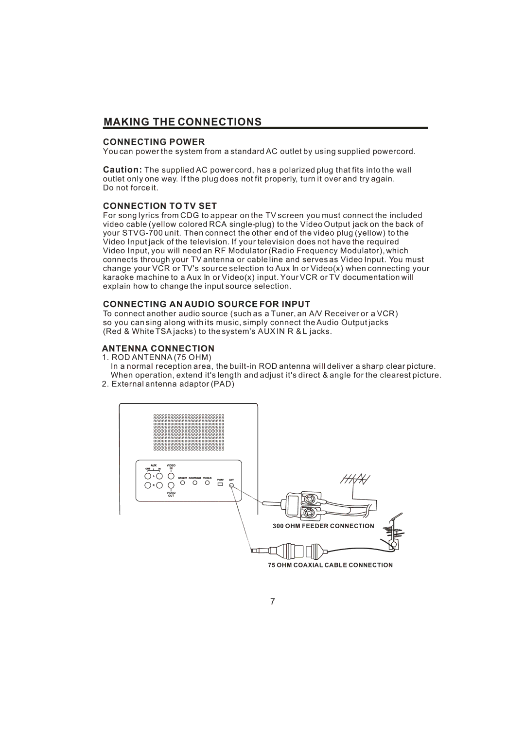 The Singing Machine STVG-700 manual Making the Connections, Connecting Power 