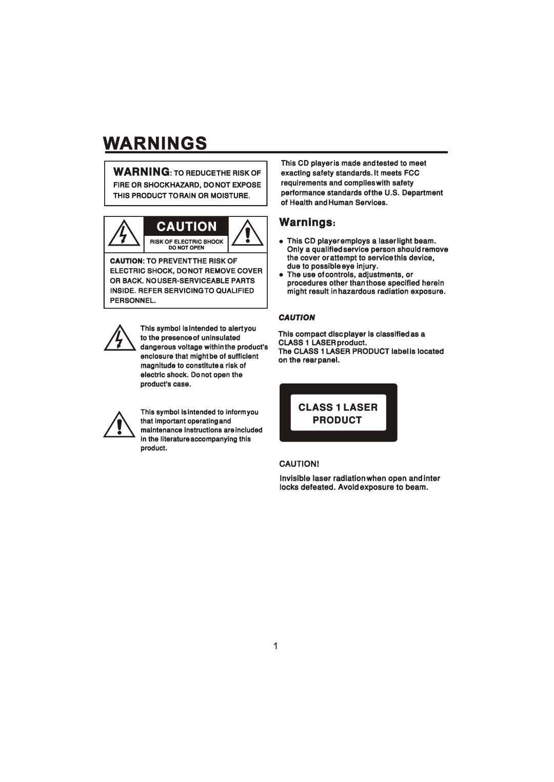 The Singing Machine STVG-700 manual Warnings, Product, CLASS 1 LASER 
