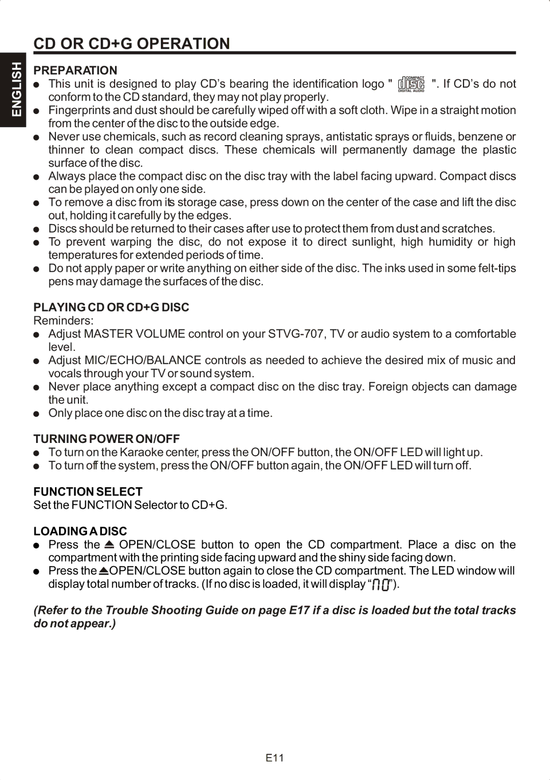 The Singing Machine STVG-707 CD or CD+G Operation, Preparation, Playing CD or CD+G Disc, Turning Power ON/OFF 