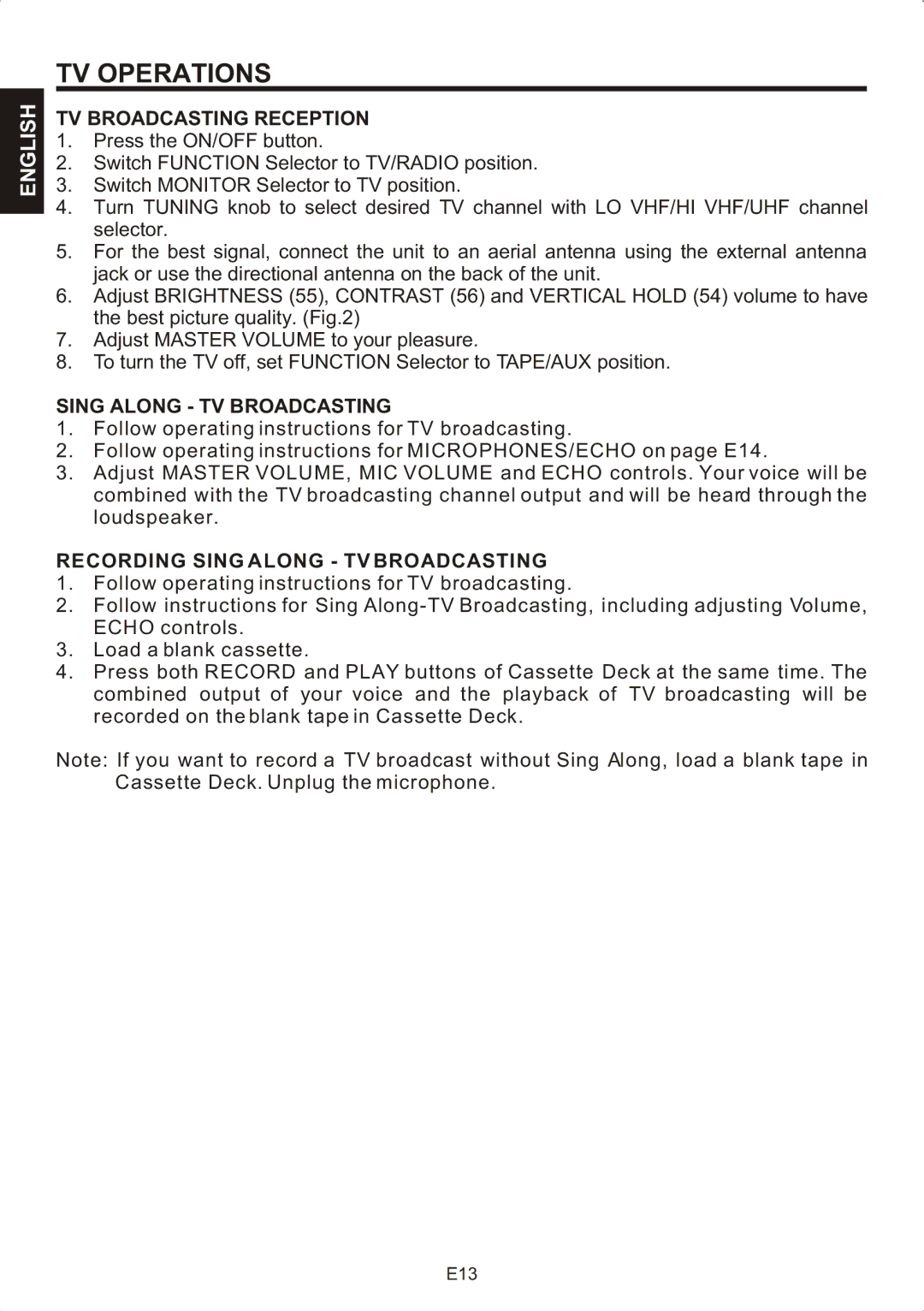 The Singing Machine STVG-707 instruction manual TV Operations, TV Broadcasting Reception, Sing Along TV Broadcasting 