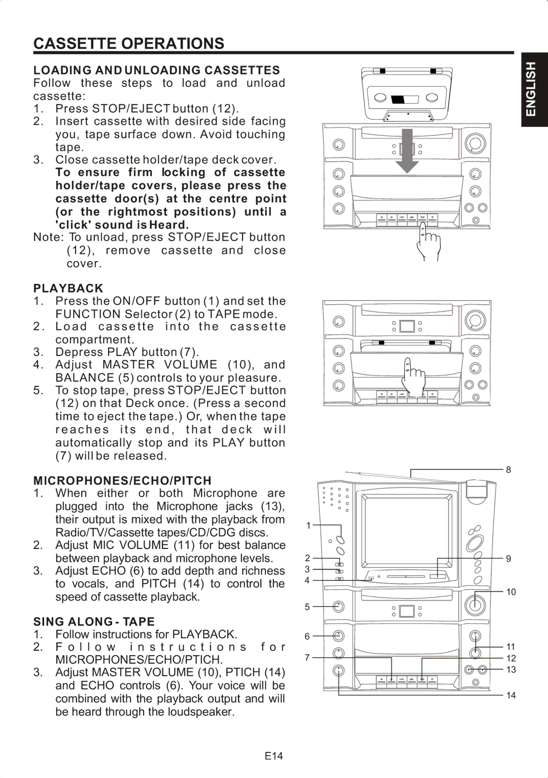 The Singing Machine STVG-707 instruction manual Cassette Operations, Playback, Microphones/Echo/Pitch, Sing Along Tape 