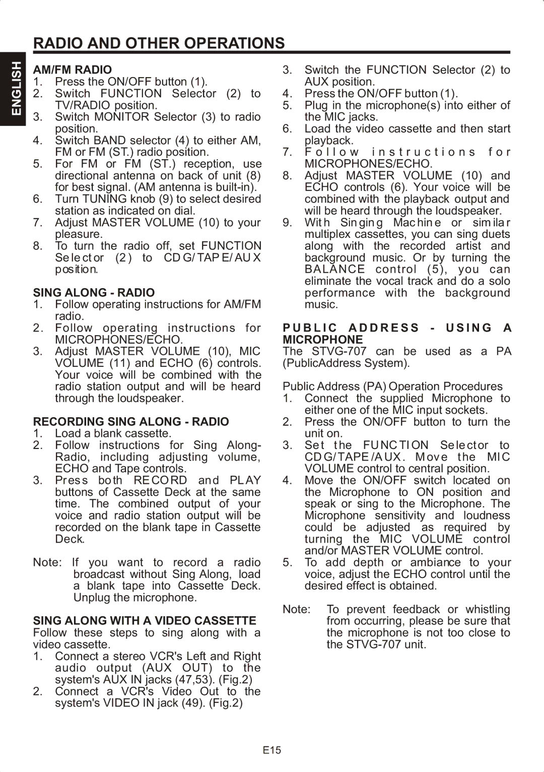 The Singing Machine STVG-707 instruction manual Radio and Other Operations, AM/FM Radio, Recording Sing Along Radio 