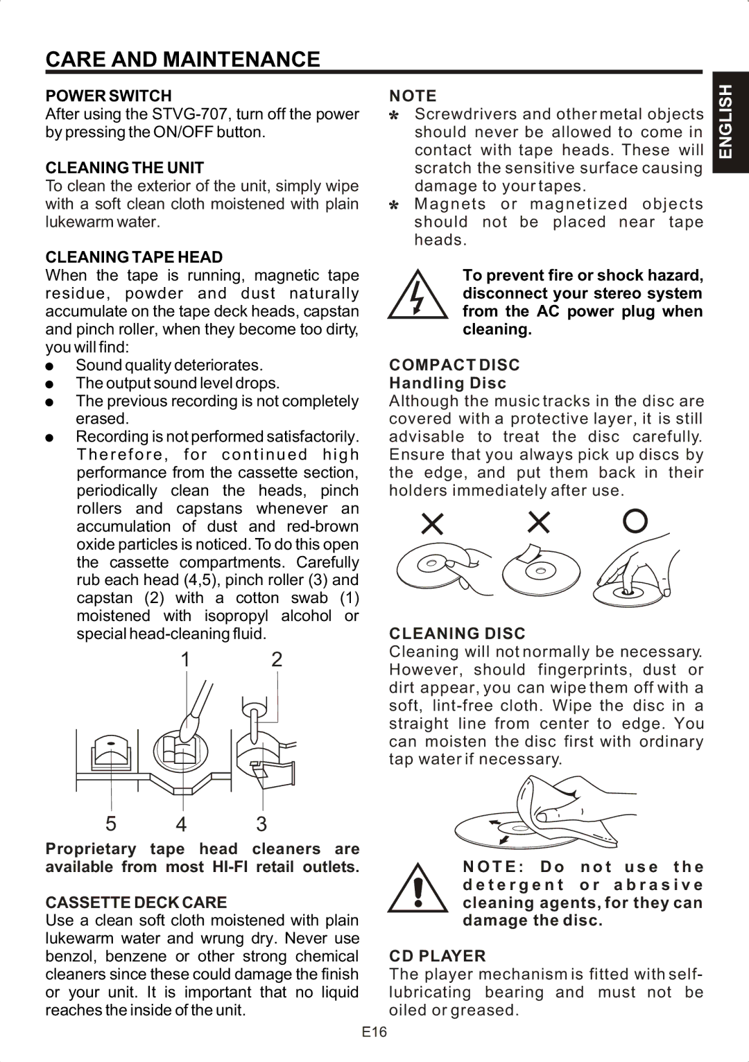 The Singing Machine STVG-707 Care and Maintenance, Compact Disc, Cleaning Disc, Cassette Deck Care, CD Player 