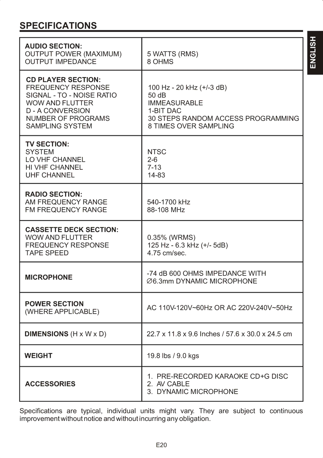 The Singing Machine STVG-707 instruction manual Specifications 