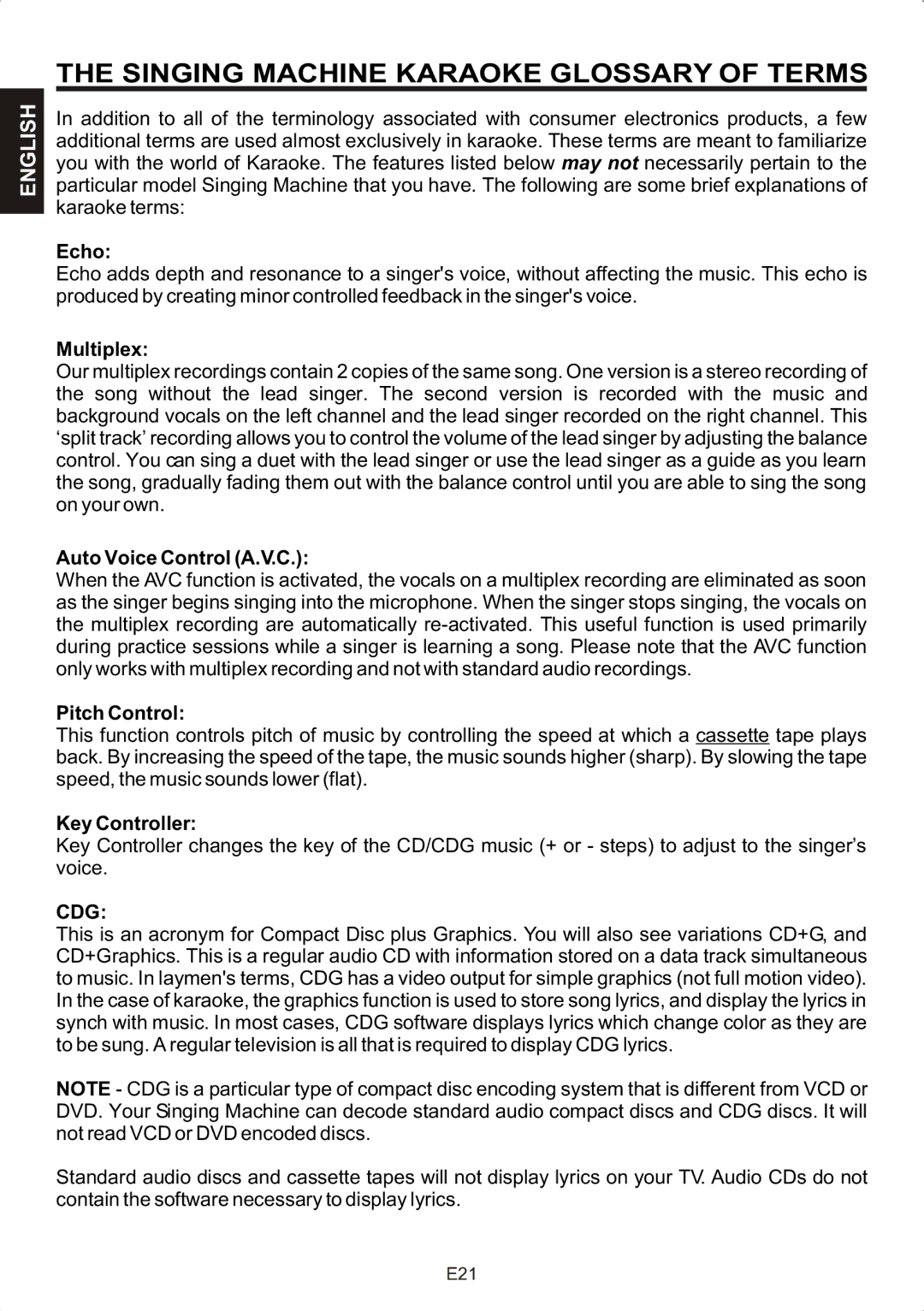 The Singing Machine STVG-707 instruction manual Singing Machine Karaoke Glossary of Terms, Echo 