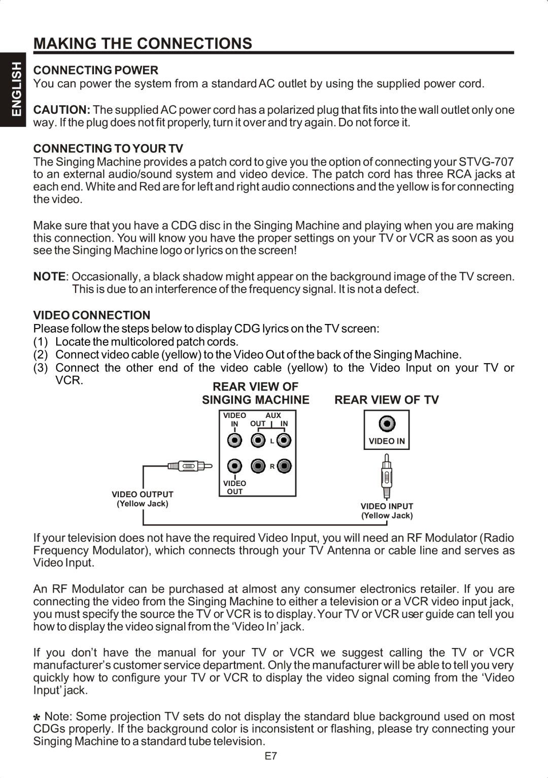 The Singing Machine STVG-707 Making the Connections, Connecting Power, Connecting to Your TV, Video Connection 