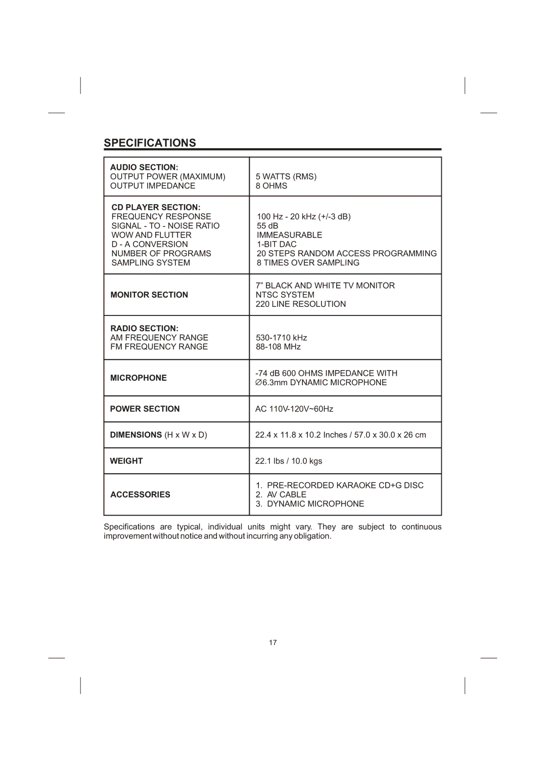 The Singing Machine STVG-710 instruction manual Specifications 