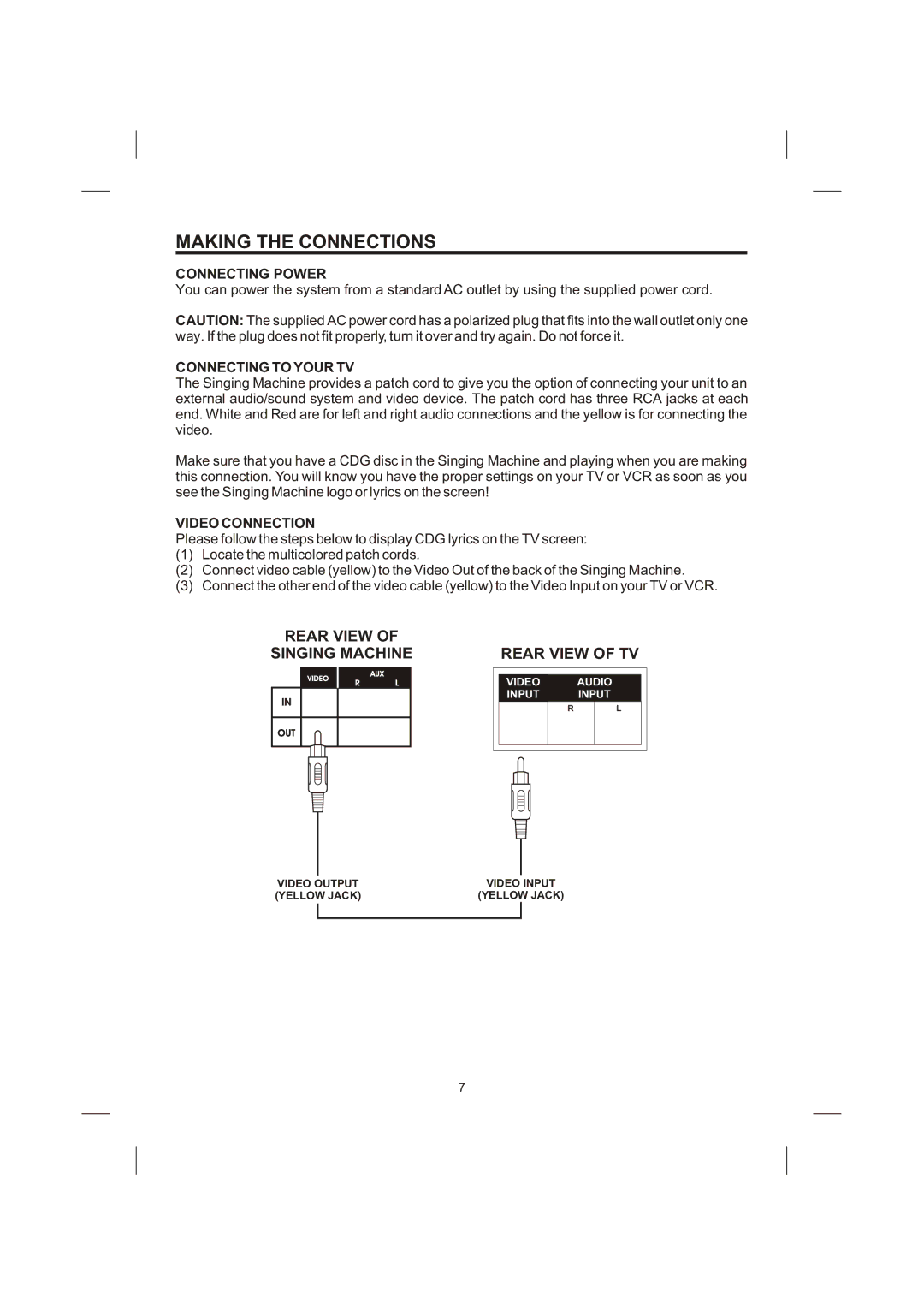 The Singing Machine STVG-710 Making the Connections, Connecting Power, Connecting to Your TV, Video Connection 