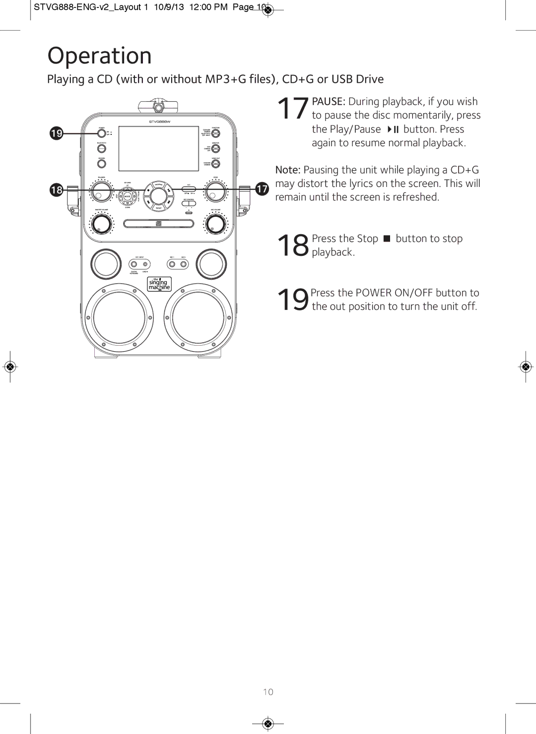 The Singing Machine STVG888W instruction manual 18Press the Stop button to stop playback 