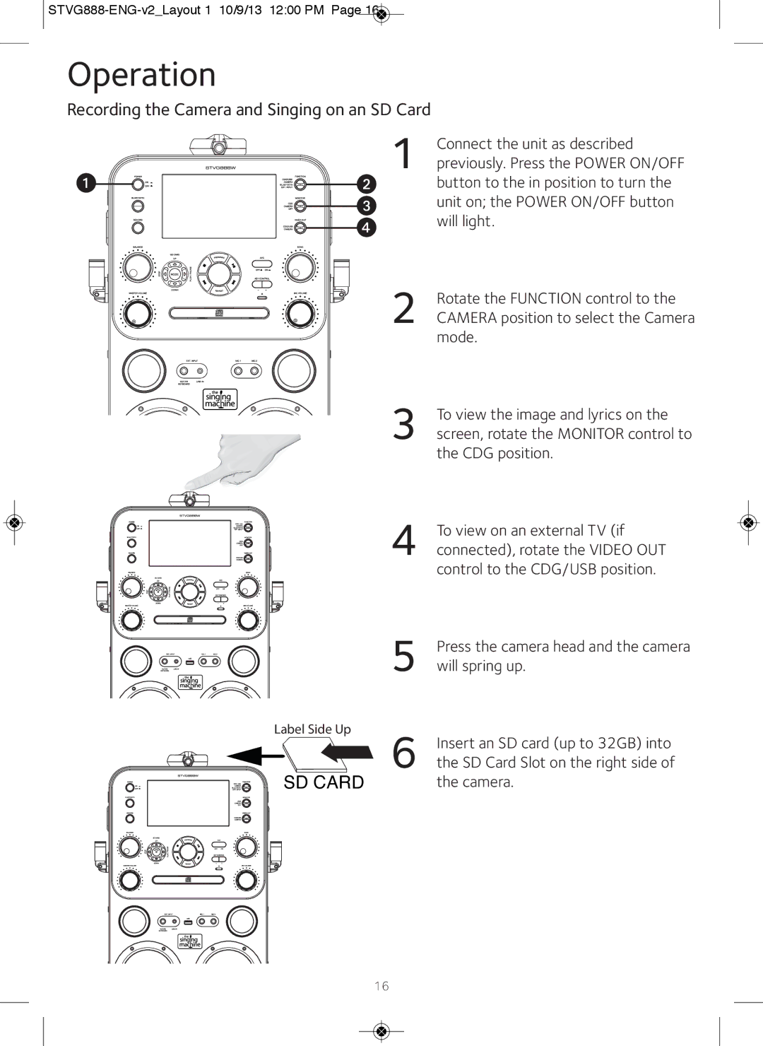 The Singing Machine STVG888W instruction manual Recording the Camera and Singing on an SD Card 