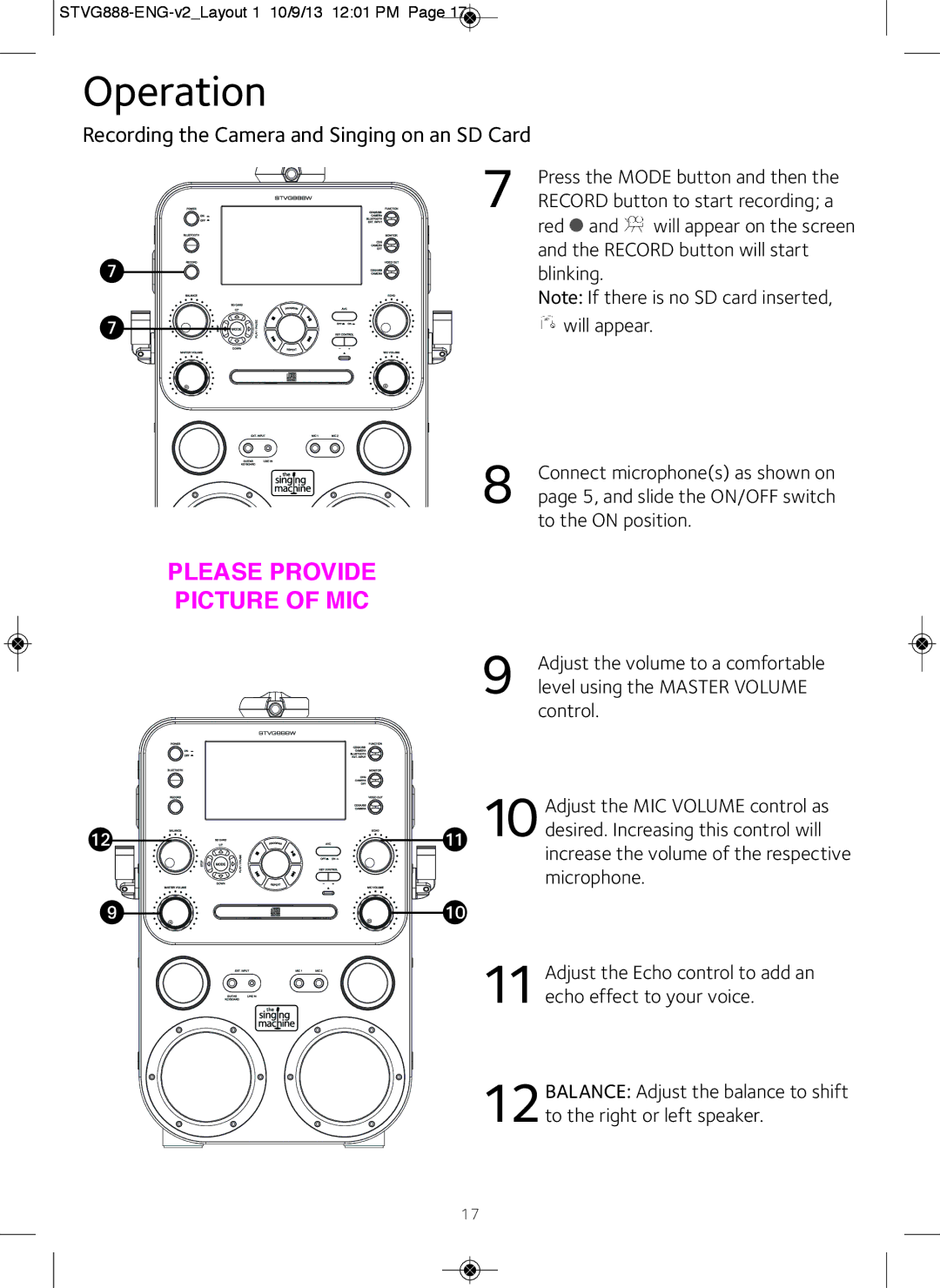 The Singing Machine STVG888W instruction manual Please Provide Picture of MIC 