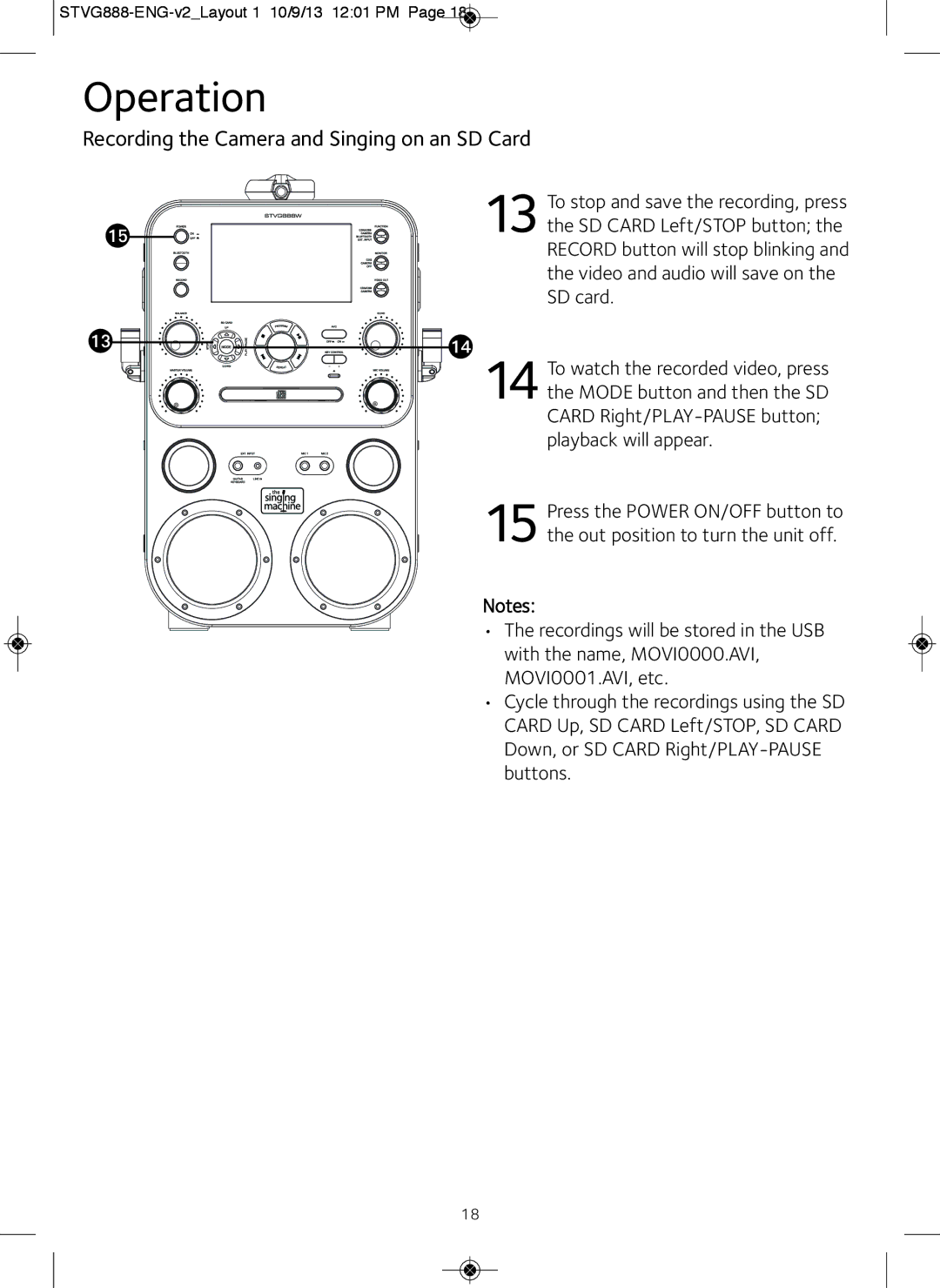 The Singing Machine STVG888W instruction manual Operation 