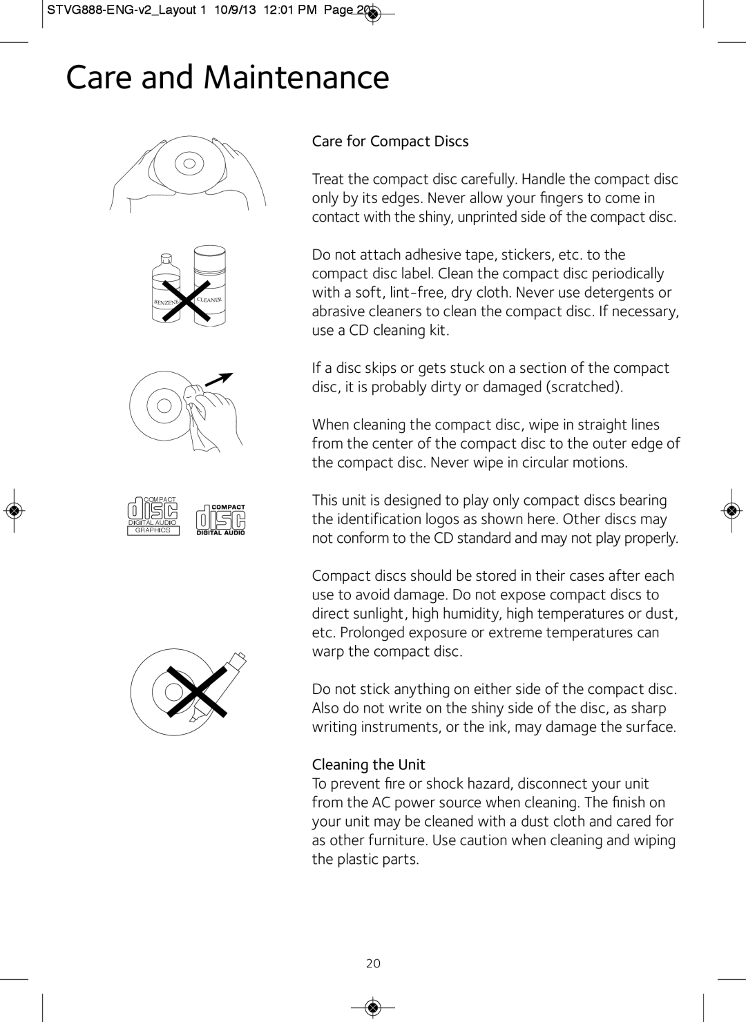 The Singing Machine STVG888W instruction manual Care and Maintenance, Care for Compact Discs 