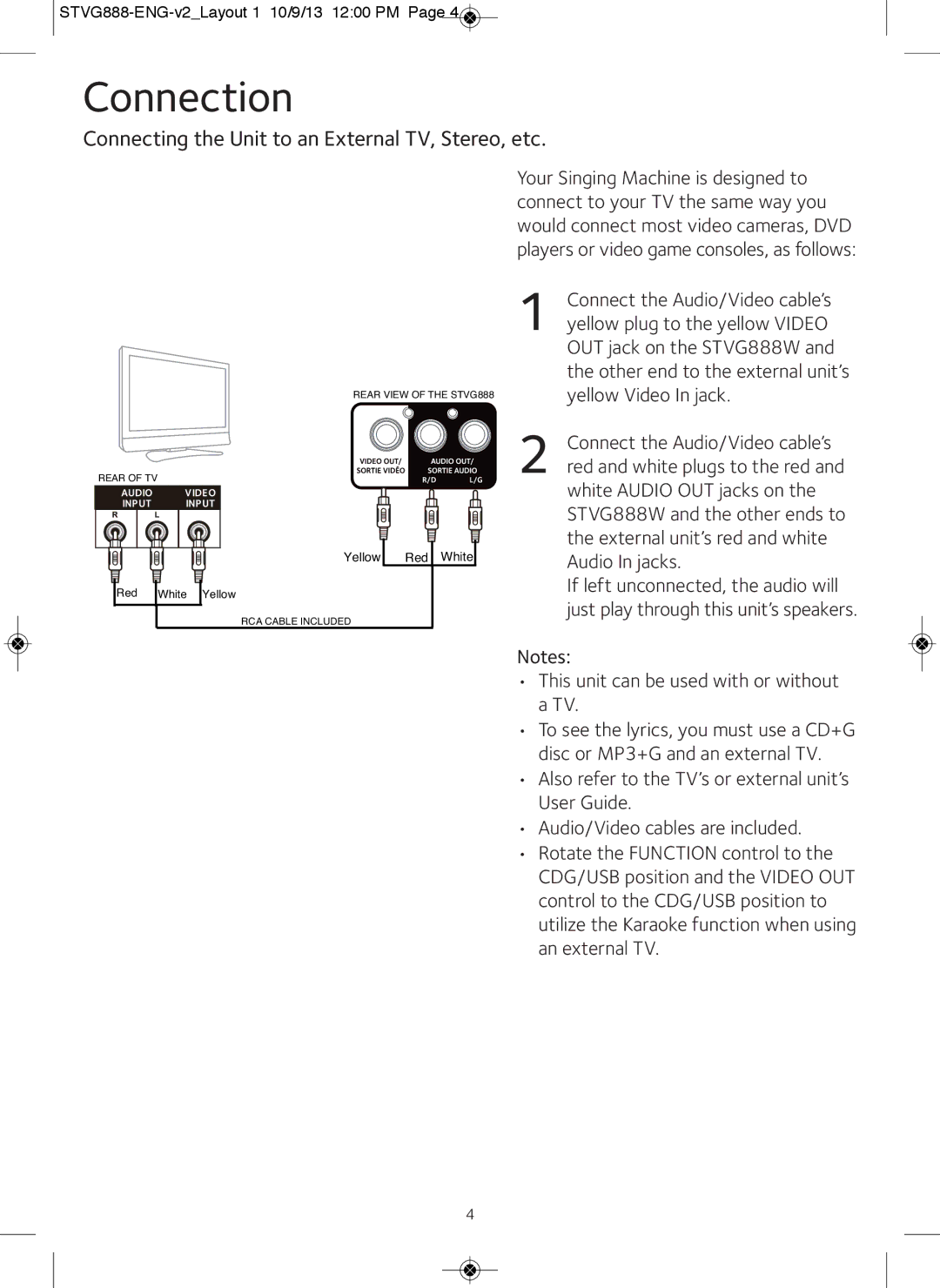 The Singing Machine STVG888W instruction manual Connection, Connecting the Unit to an External TV, Stereo, etc 