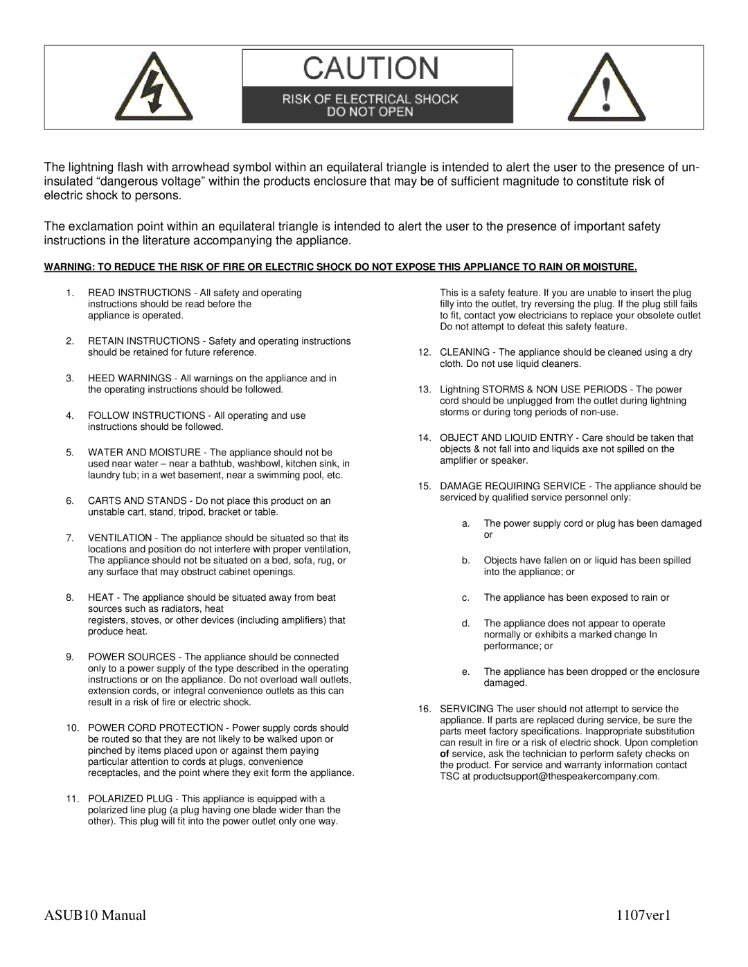 The Speaker Company manual ASUB10 Manual 1107ver1 