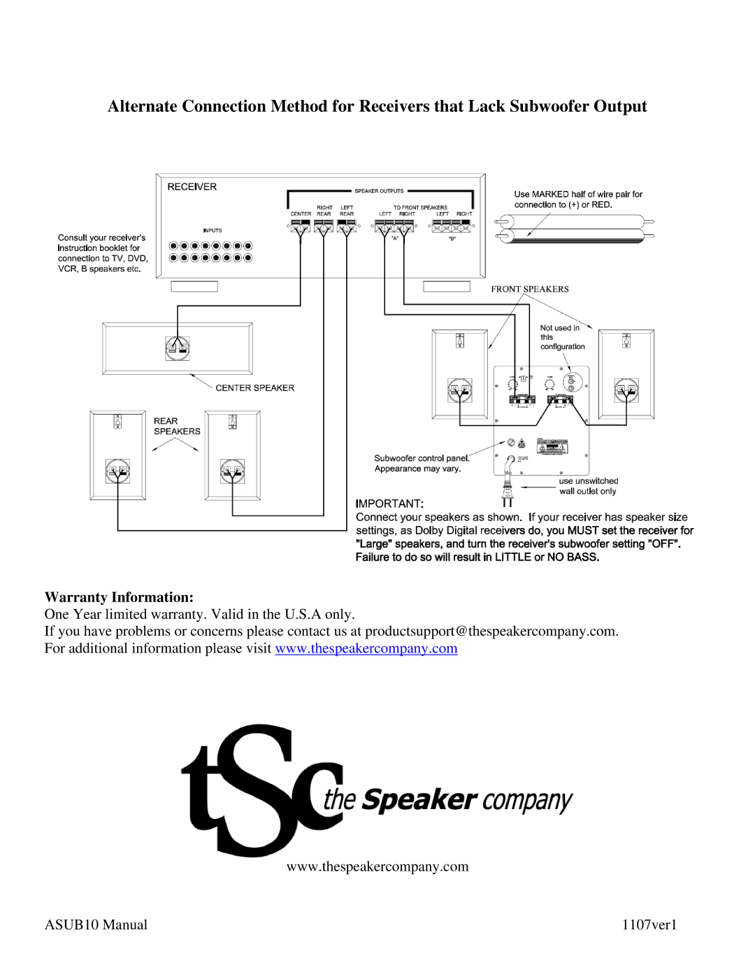 The Speaker Company ASUB10 manual Warranty Information 