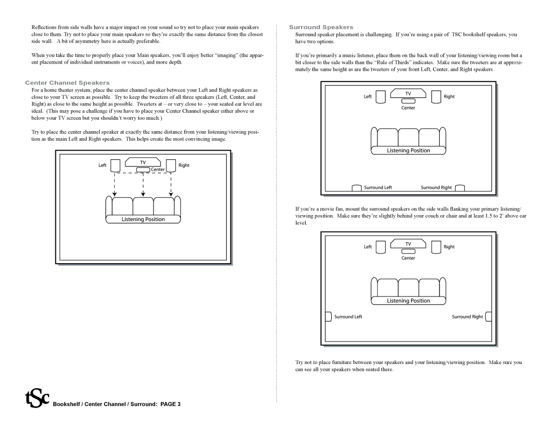 The Speaker Company bookshelf/center channel/surround speakers user manual Center Channel Speakers, Surround Speakers 