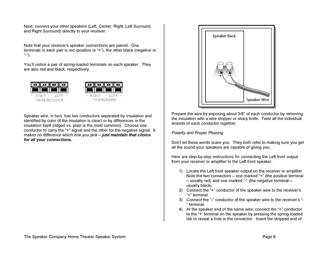 The Speaker Company Home Theater Speaker manual Polarity and Proper Phasing 