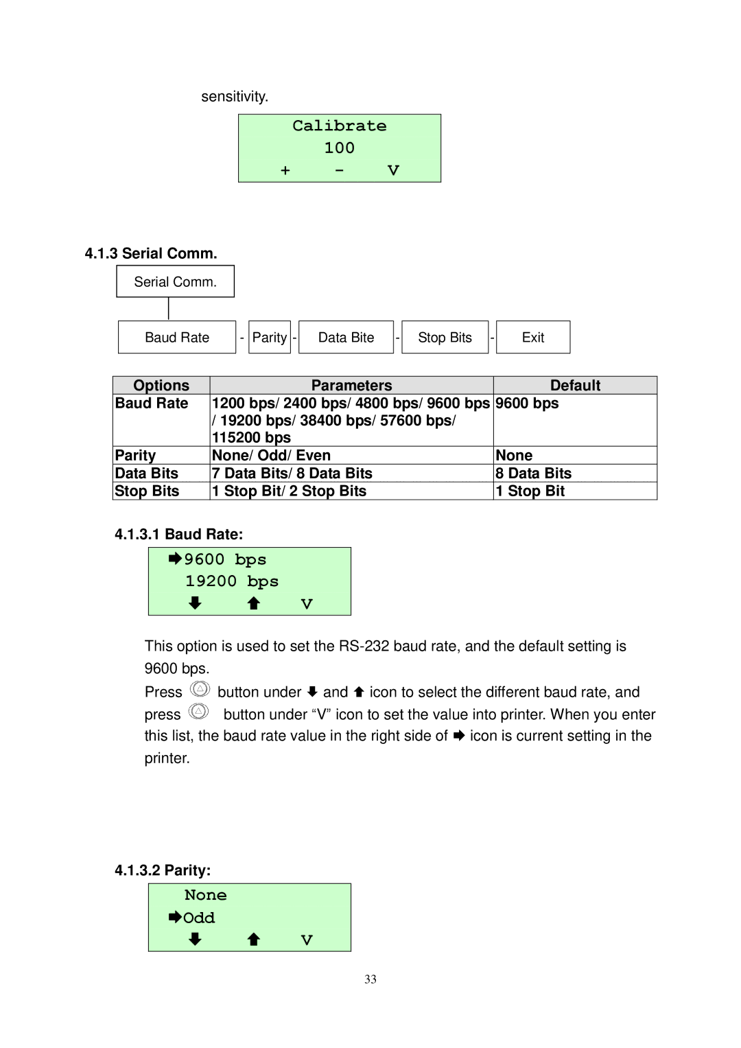 The Speaker Company M23 user manual Calibrate 100, 9600 bps 19200 bps, None Odd 