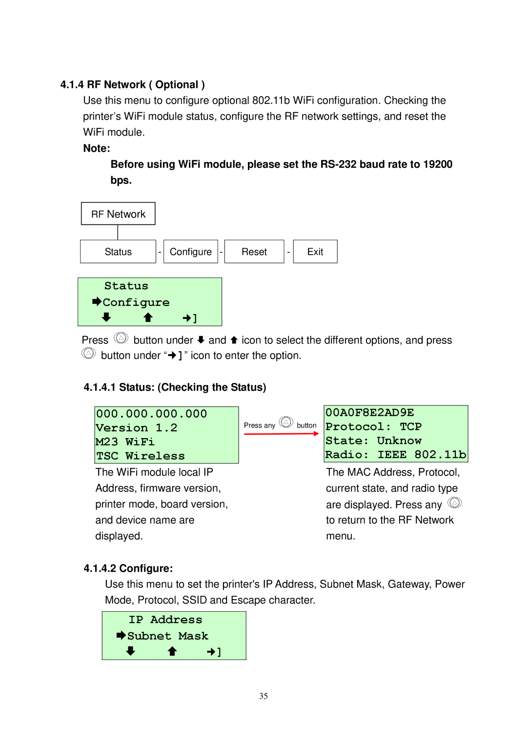 The Speaker Company user manual Status Configure, Version 1.2 M23 WiFi TSC Wireless, IP Address Subnet Mask 