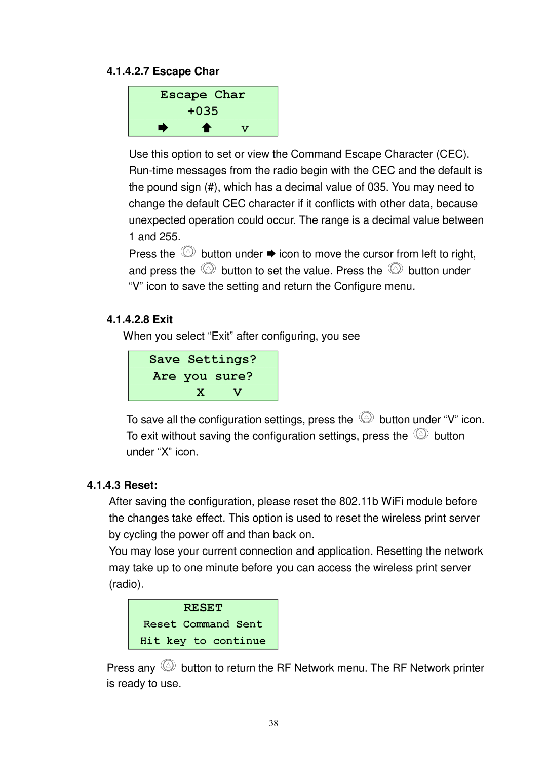 The Speaker Company M23 user manual Escape Char +035, Save Settings? Are you sure?, Exit, Reset 