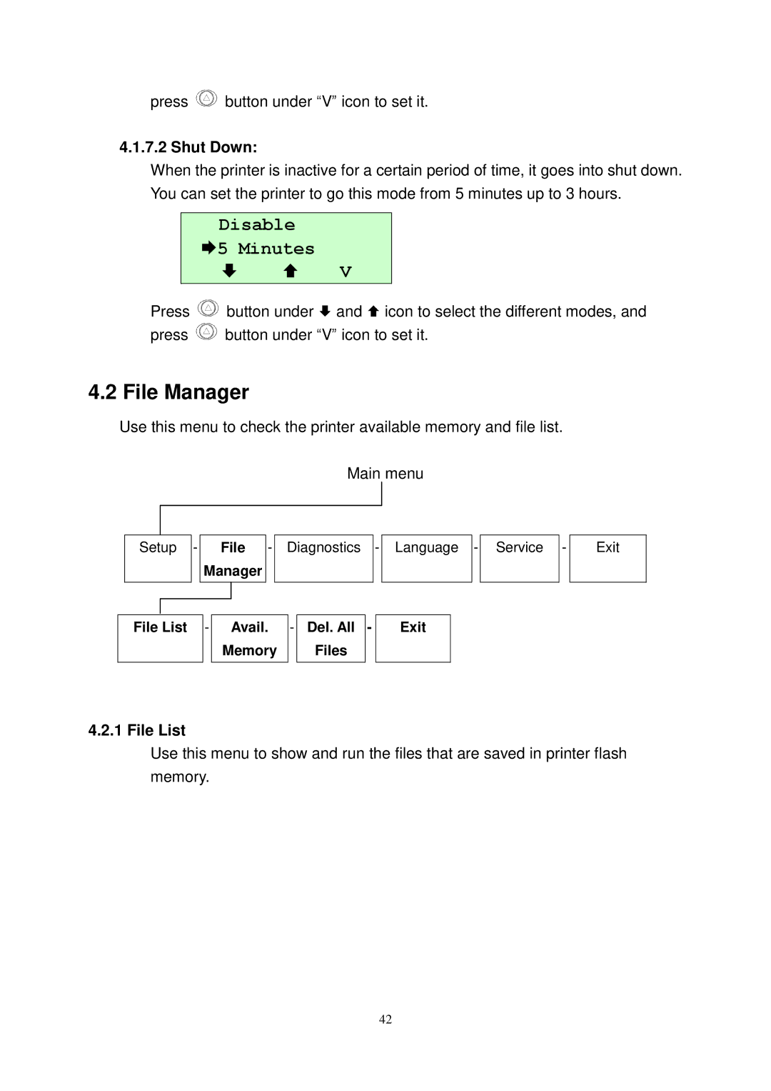 The Speaker Company M23 user manual File Manager, Disable 5 Minutes, Shut Down 