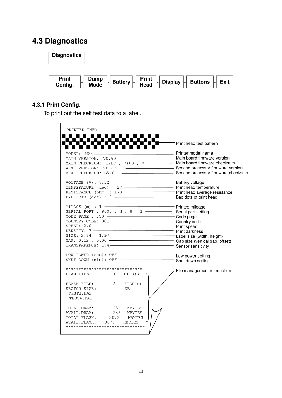 The Speaker Company M23 user manual Diagnostics, To print out the self test data to a label 