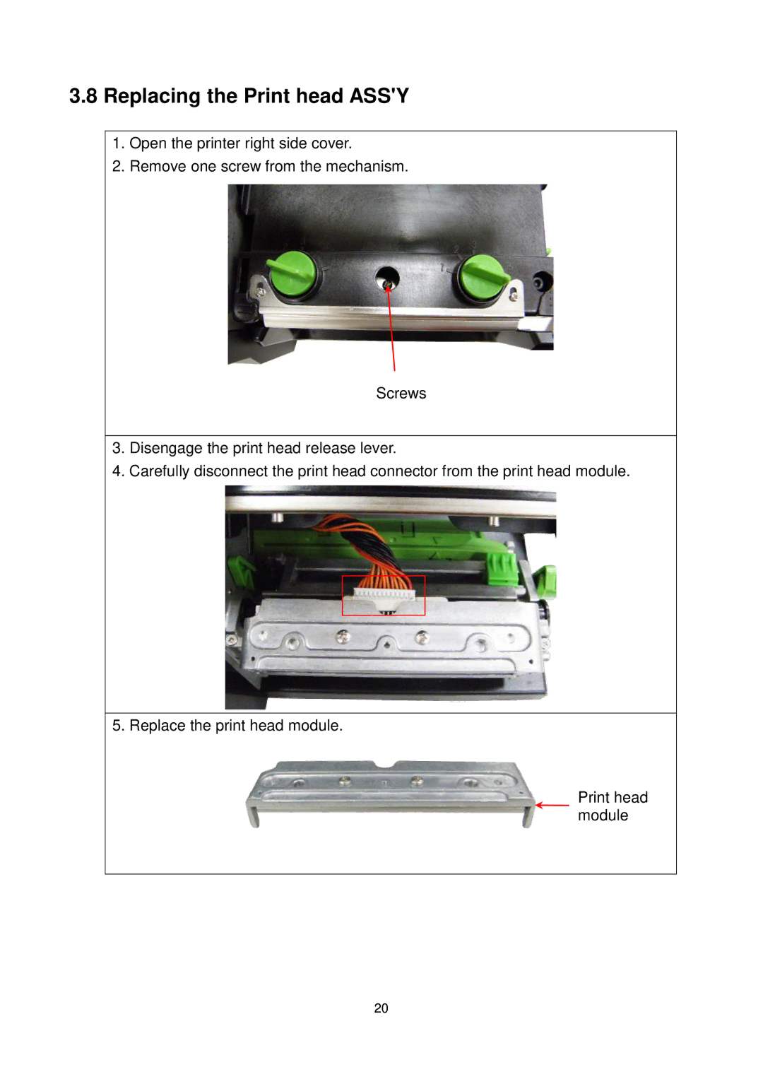 The Speaker Company me240 manual Replacing the Print head Assy 