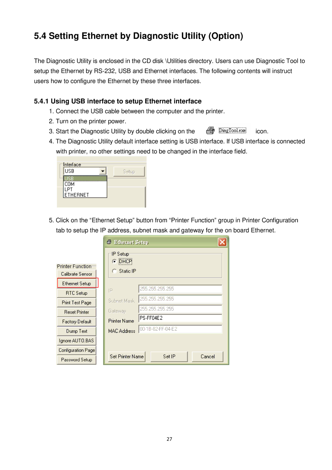 The Speaker Company ta200 Setting Ethernet by Diagnostic Utility Option, Using USB interface to setup Ethernet interface 