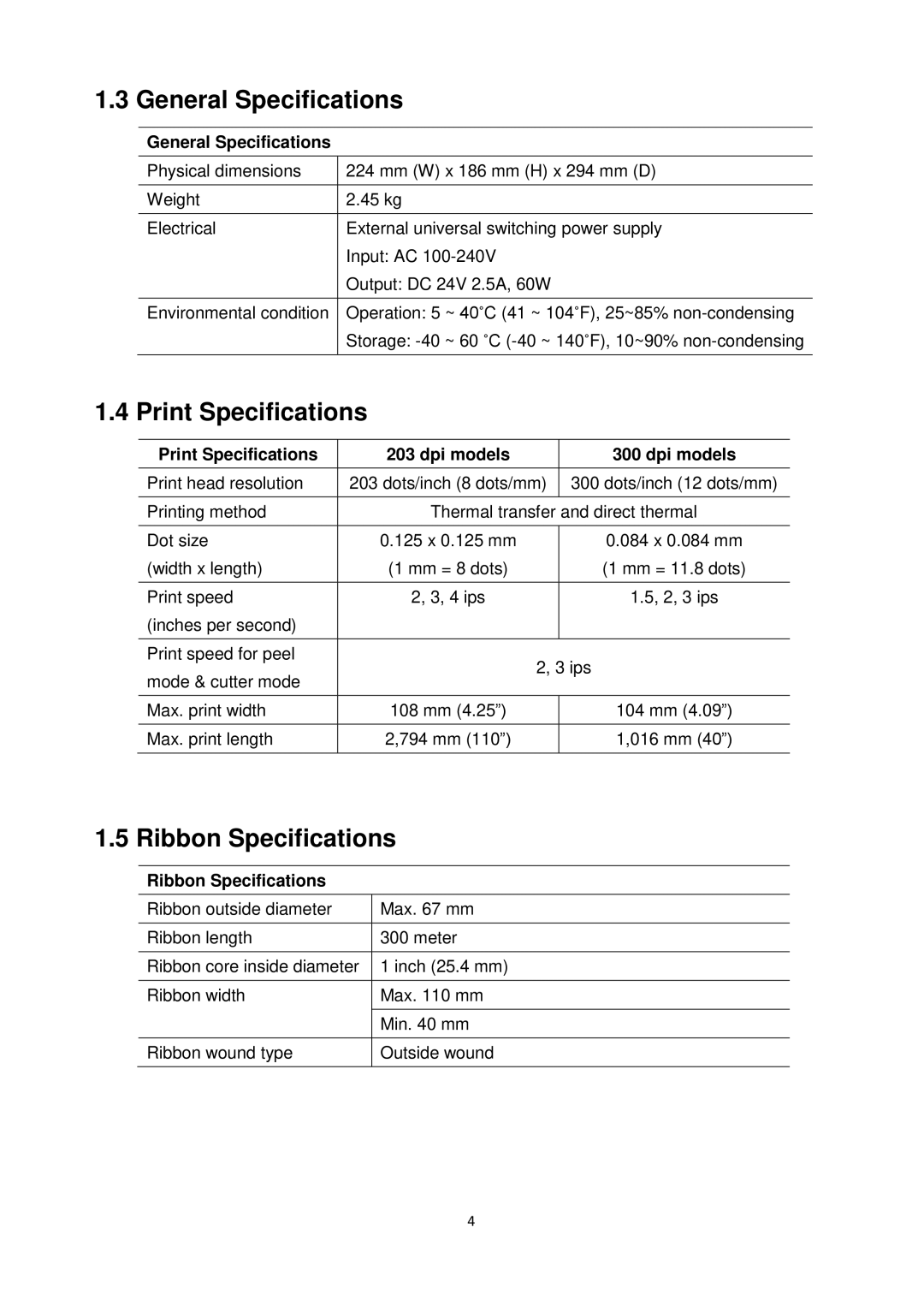The Speaker Company ta200 manual General Specifications, Print Specifications, Ribbon Specifications, dpi models 