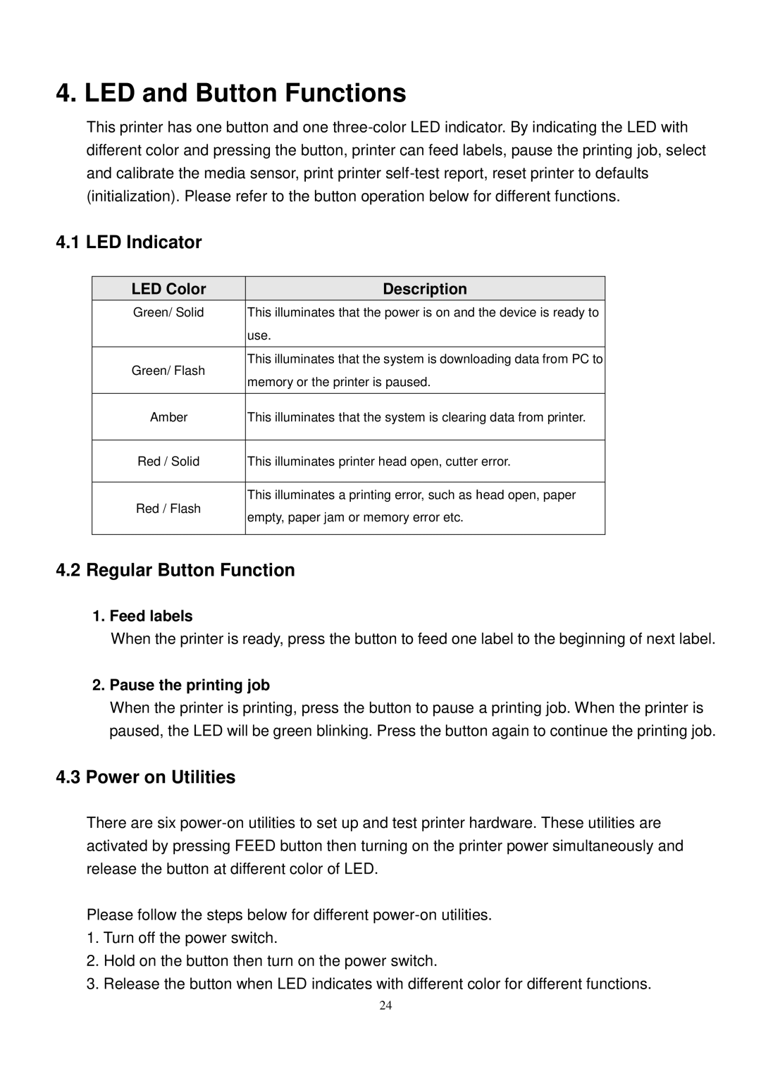 The Speaker Company TDP-225 LED and Button Functions, LED Color Description, Feed labels, Pause the printing job 