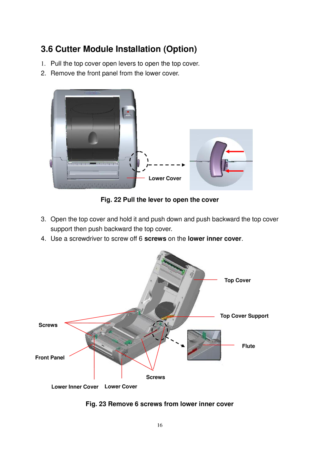 The Speaker Company TTP-245 Plus user manual Cutter Module Installation Option, Pull the lever to open the cover 