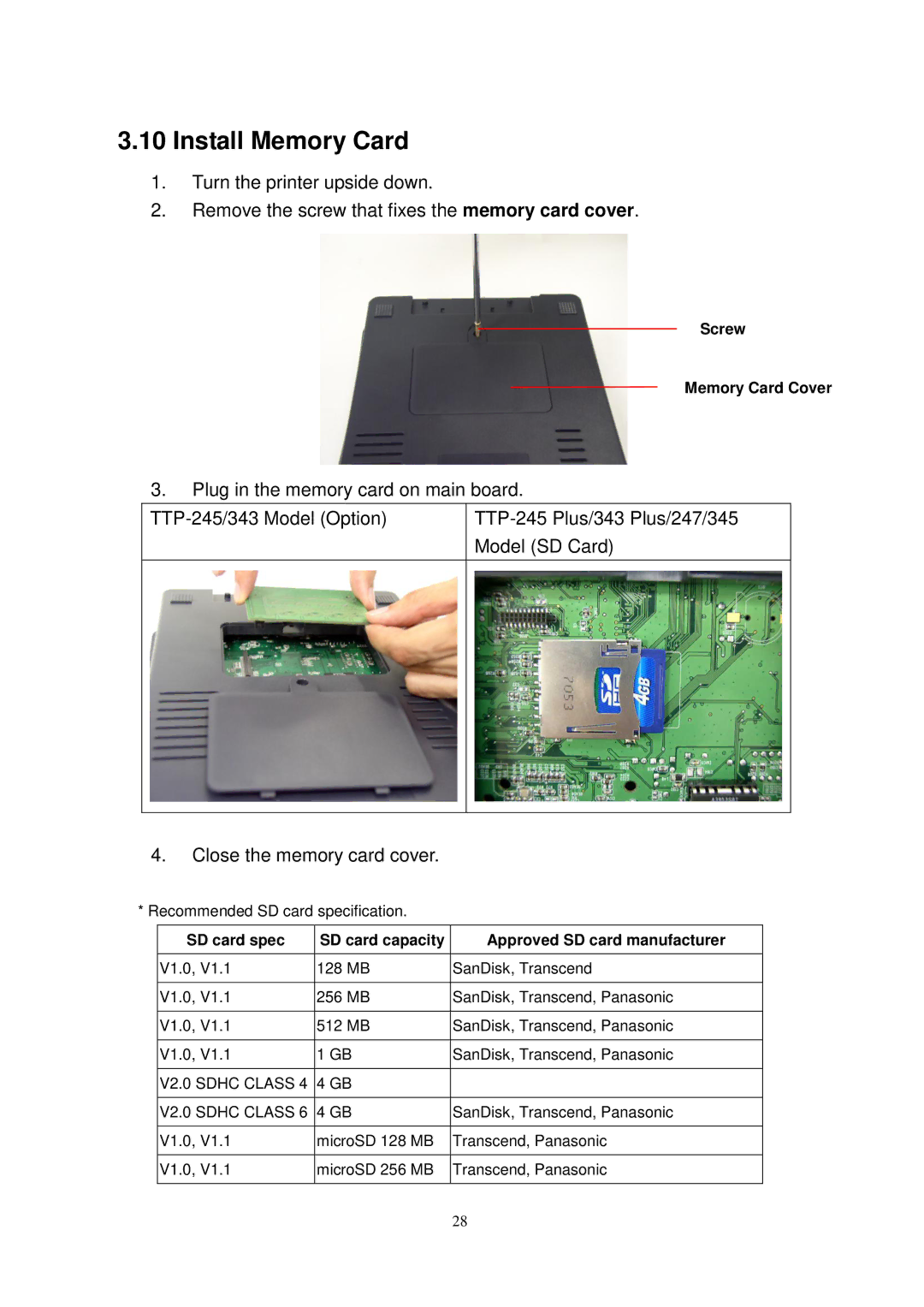 The Speaker Company TTP-245 Plus Install Memory Card, SD card spec SD card capacity Approved SD card manufacturer 