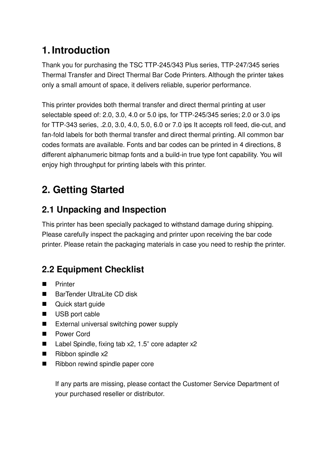 The Speaker Company TTP-245 Plus user manual Introduction, Getting Started, Unpacking and Inspection, Equipment Checklist 