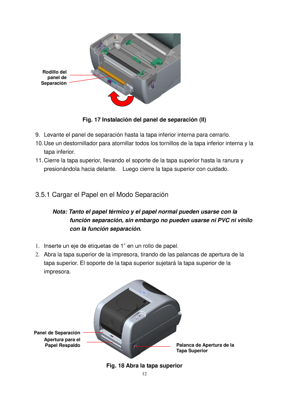 The Speaker Company TTP-245 manual Cargar el Papel en el Modo Separación 