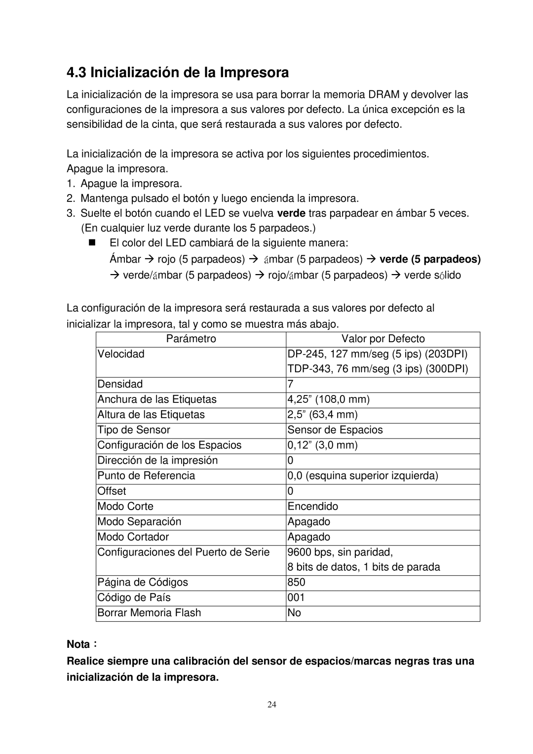 The Speaker Company TTP-245 manual Inicialización de la Impresora 