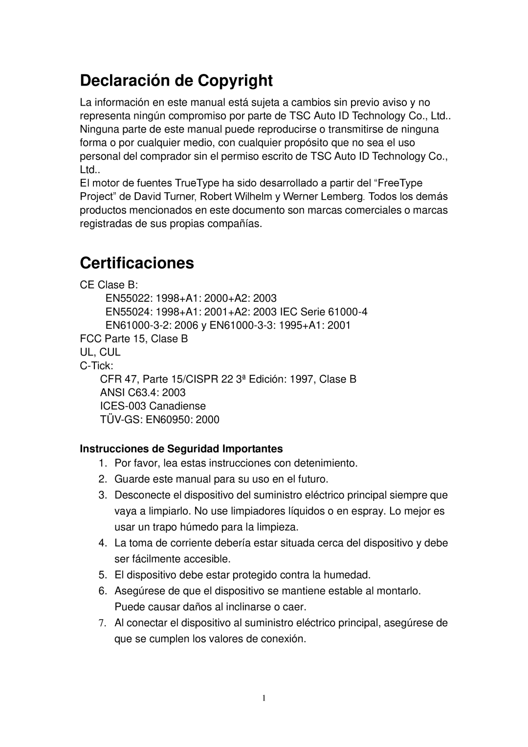 The Speaker Company TTP-245 manual Declaración de Copyright, Certificaciones 