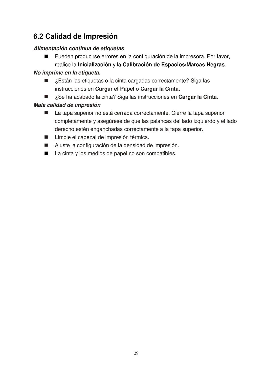 The Speaker Company TTP-245 manual Calidad de Impresión, Alimentación continua de etiquetas 