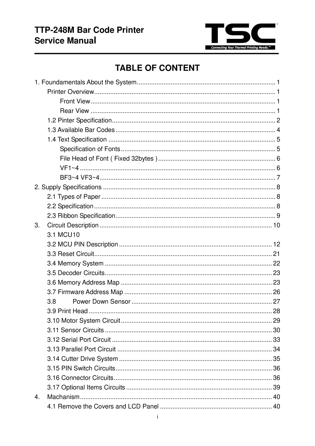 The Speaker Company TTP 248M service manual TTP-248M Bar Code Printer, Table of Content 