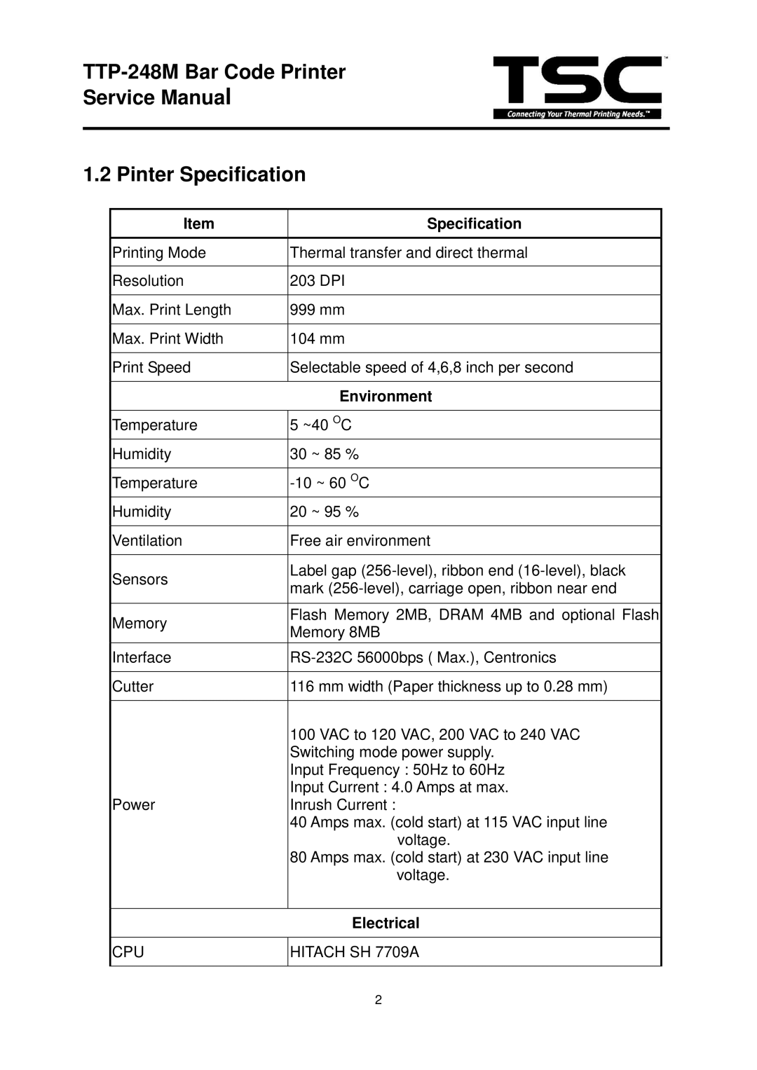 The Speaker Company TTP 248M service manual TTP-248M Bar Code Printer Pinter Specification 