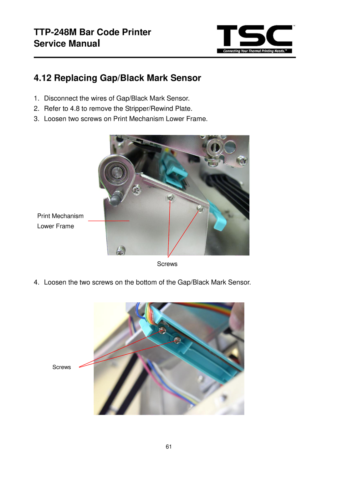 The Speaker Company TTP 248M service manual TTP-248M Bar Code Printer Replacing Gap/Black Mark Sensor 