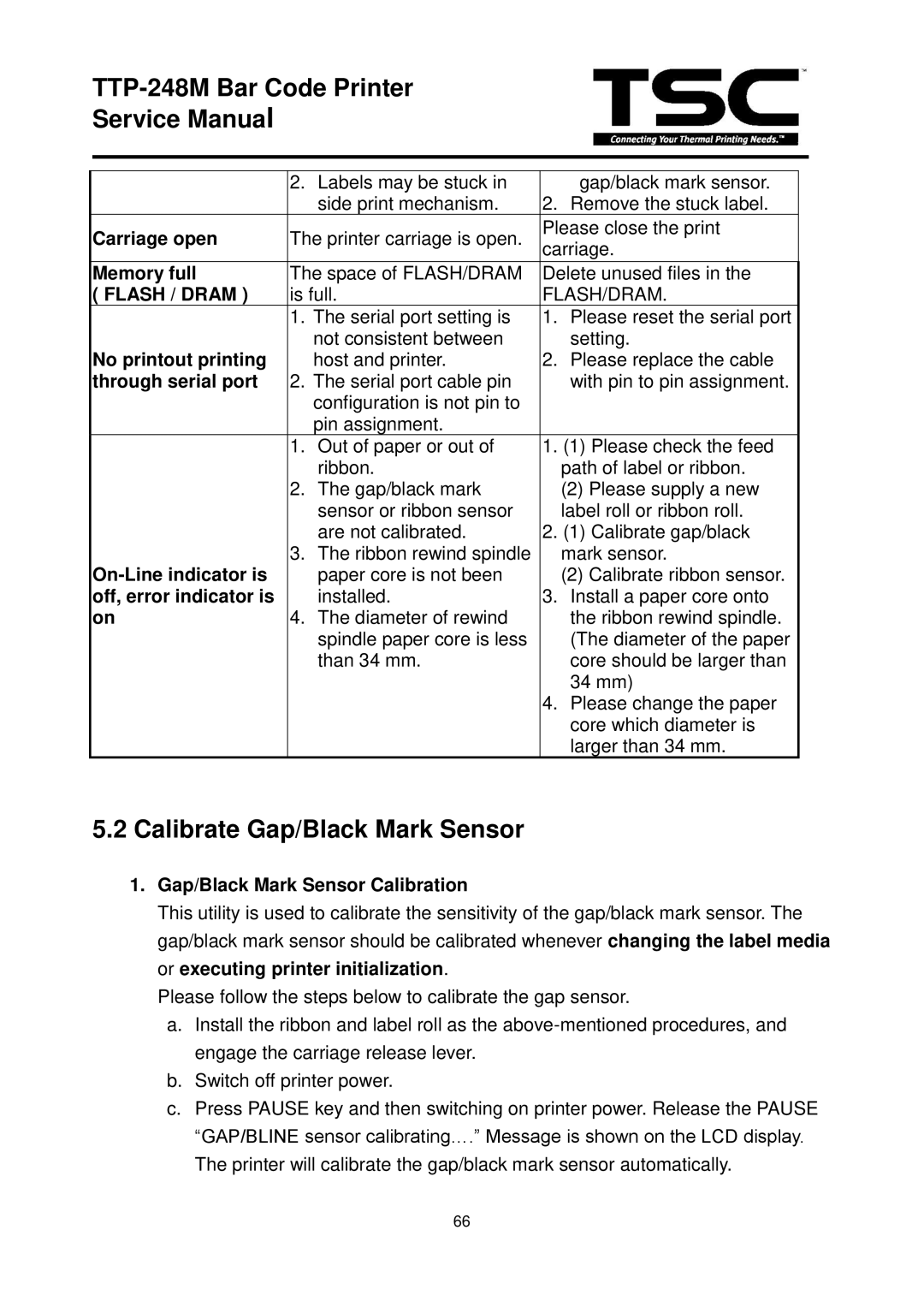 The Speaker Company TTP 248M service manual Calibrate Gap/Black Mark Sensor, Flash / Dram 