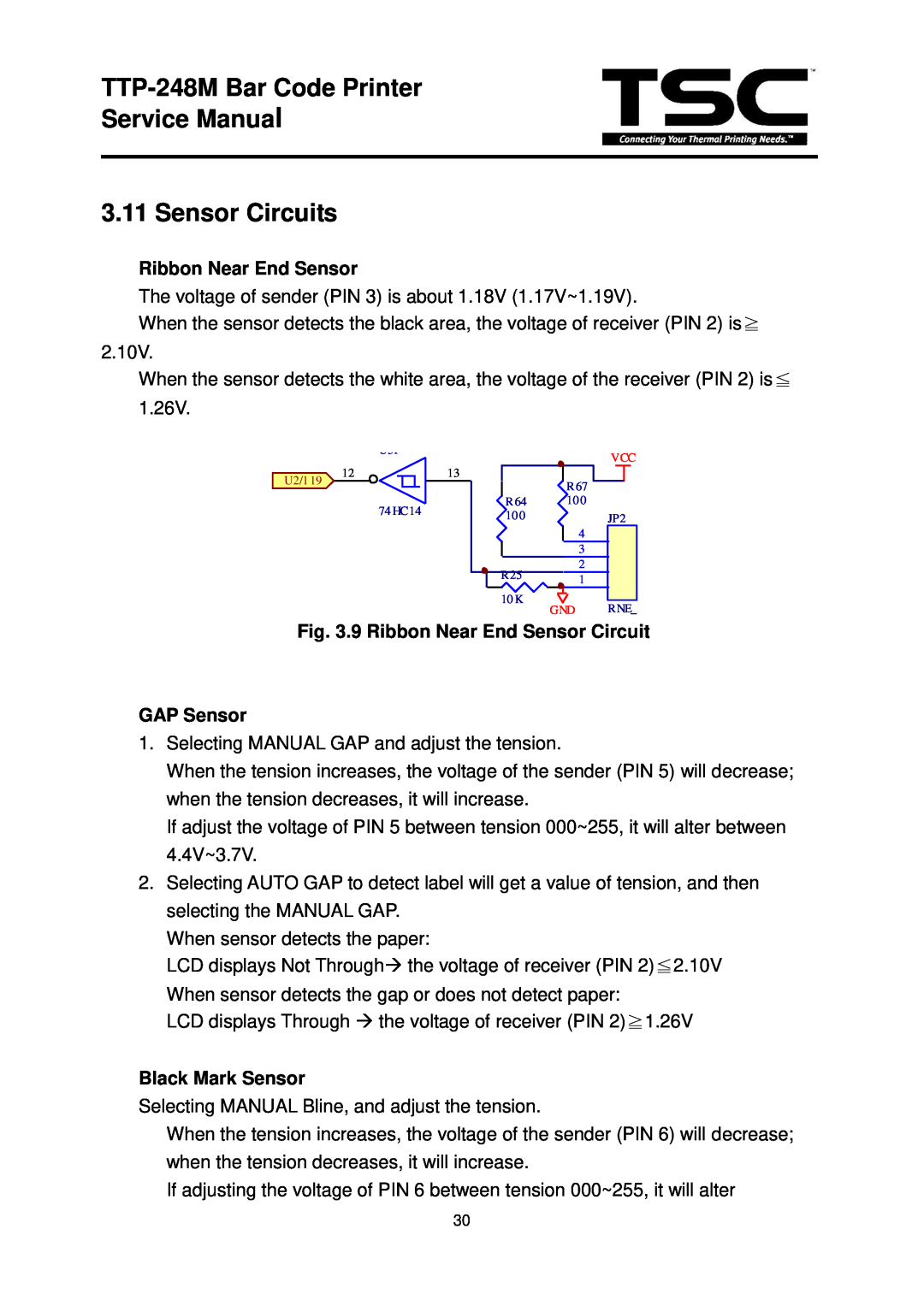 The Speaker Company TTP 248M TTP-248M Bar Code Printer Service Manual 3.11 Sensor Circuits, Ribbon Near End Sensor 