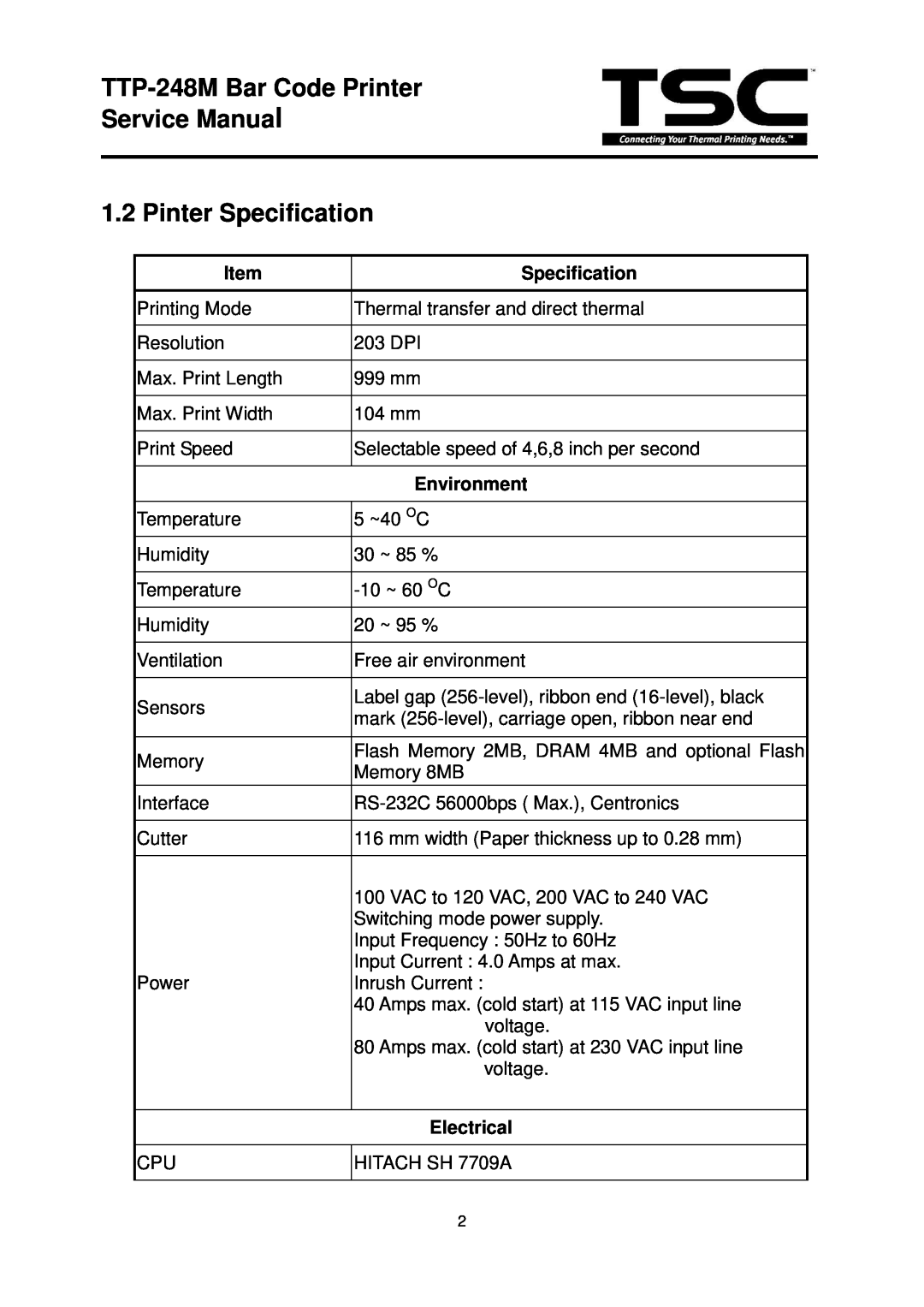 The Speaker Company TTP 248M TTP-248M Bar Code Printer Service Manual 1.2 Pinter Specification, Environment, Electrical 