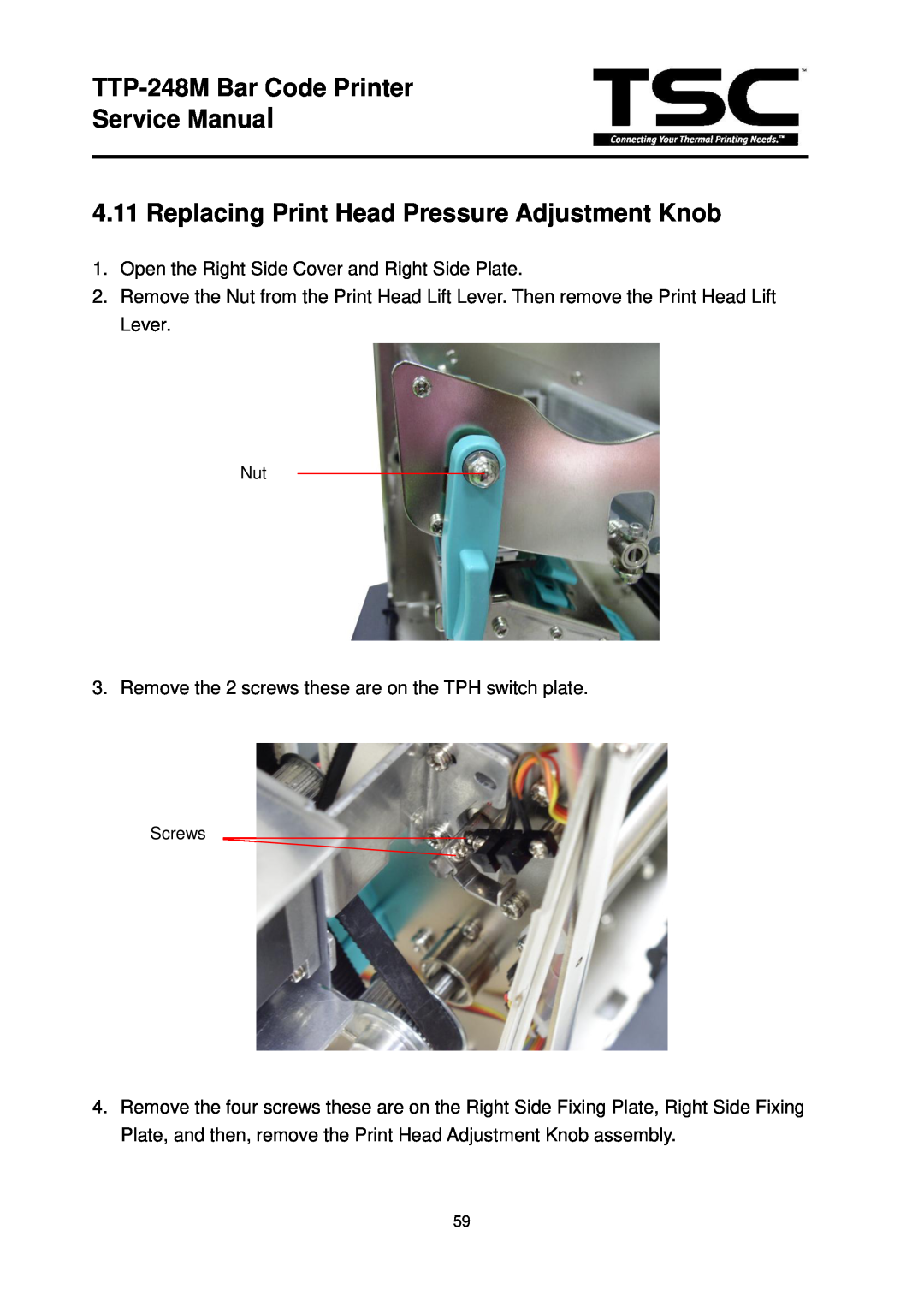 The Speaker Company TTP 248M Replacing Print Head Pressure Adjustment Knob, TTP-248M Bar Code Printer Service Manual 